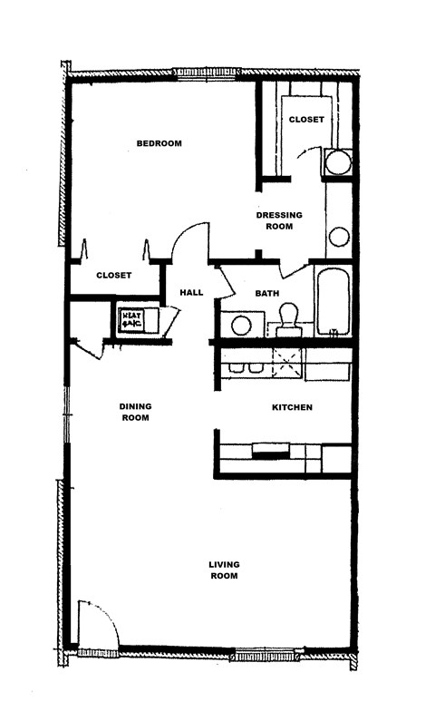 A floor plan of a small apartment with a bedroom, dressing room, kitchen, dining room, and living room.